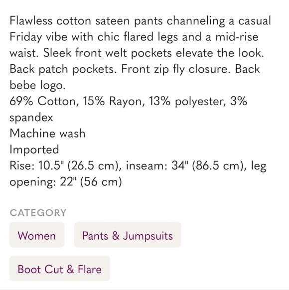 BEBE Clean Sateen Flare Maroon Trousers Women's Size 29 NEW - Picture 5 of 9